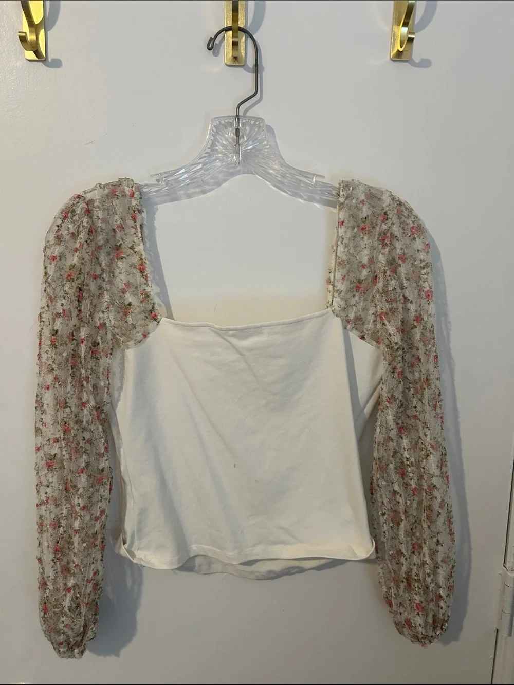 Free People Cream Square Neck Top with Floral Puff Sleeves